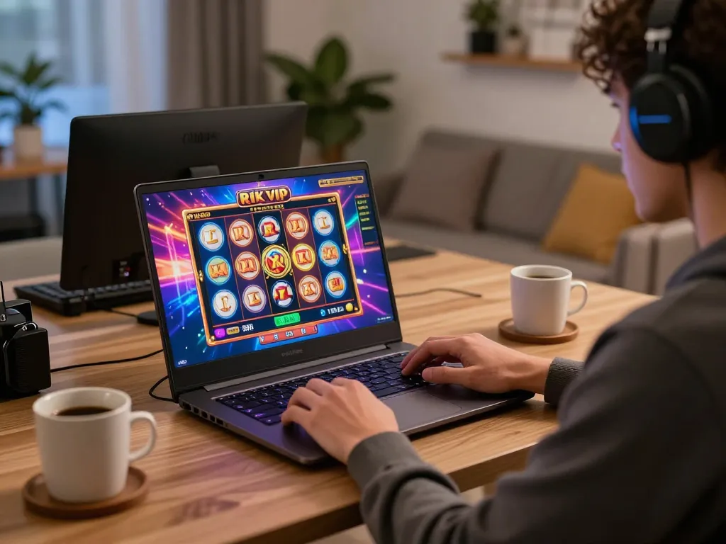 Engaged player enjoying Rik vip online slot games on a laptop in a cozy home setting.