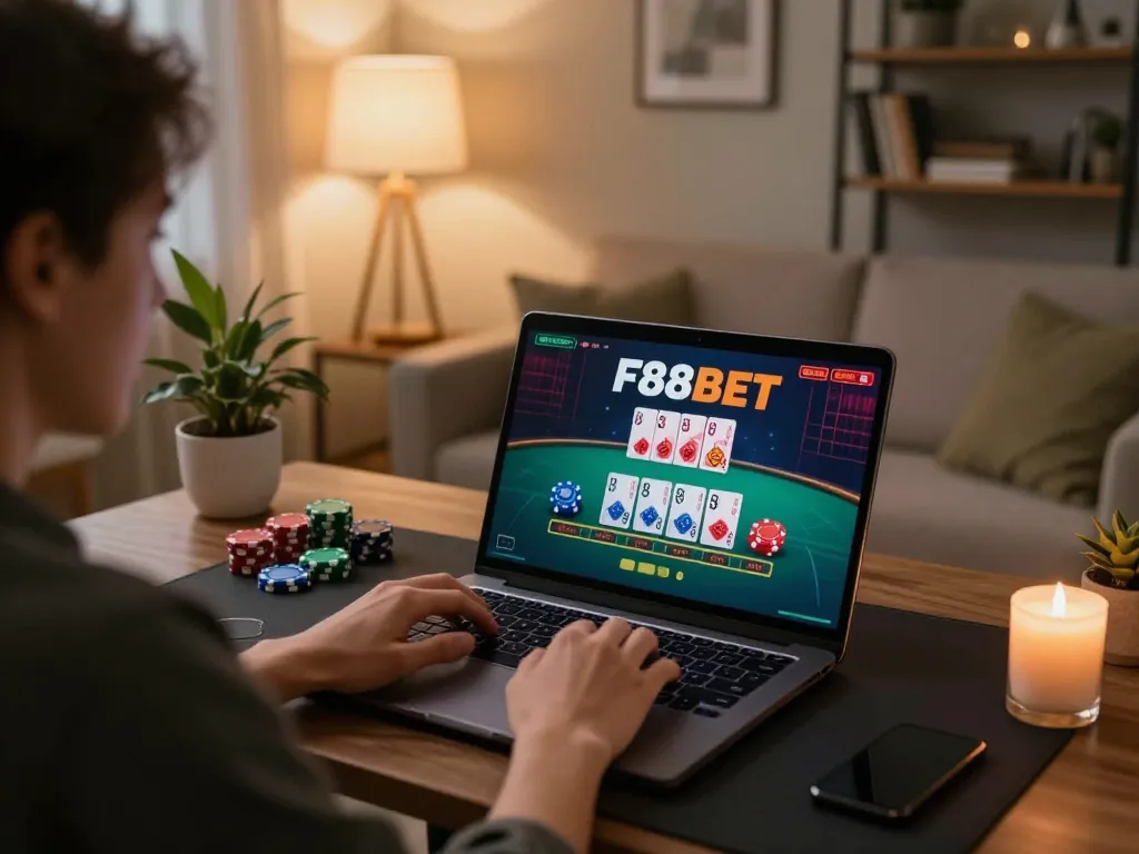 Player engaging in live dealer blackjack on F88BET, showcasing a cozy home gaming atmosphere.