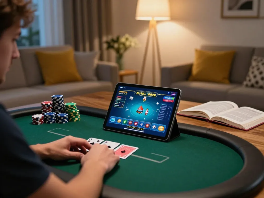 Player engrossed in an online poker game on 11win, surrounded by strategy books and poker chips in a cozy room.