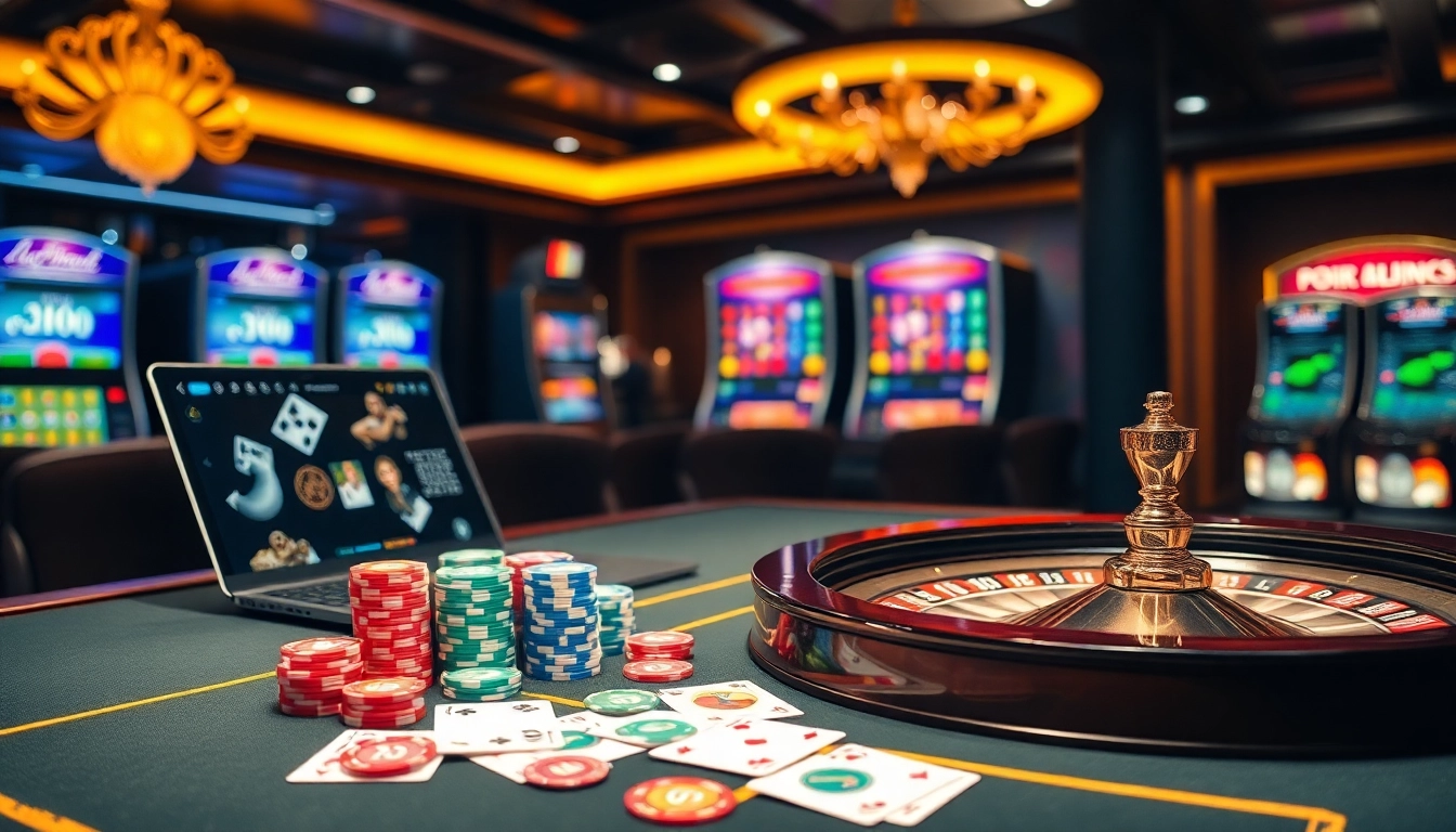 Experience the thrill of nhà cái luck8 at a luxurious casino featuring vibrant gaming tables and dazzling slot machines.