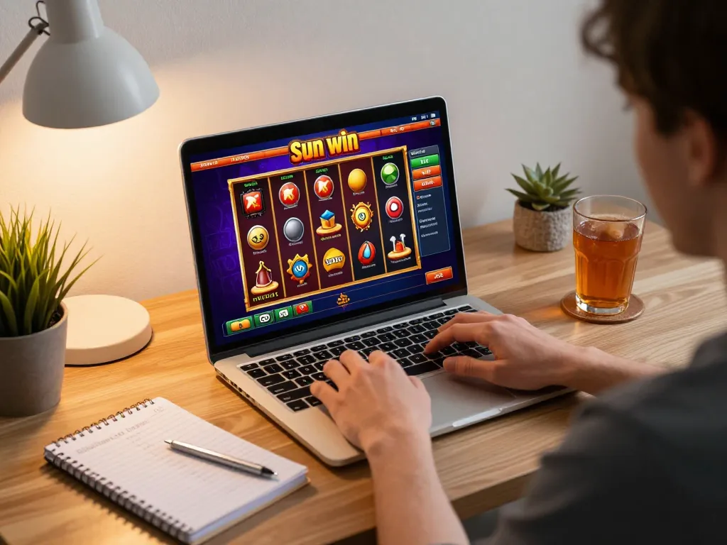 Player exploring the Sun win online platform on a laptop, with a personalized home gaming setup.