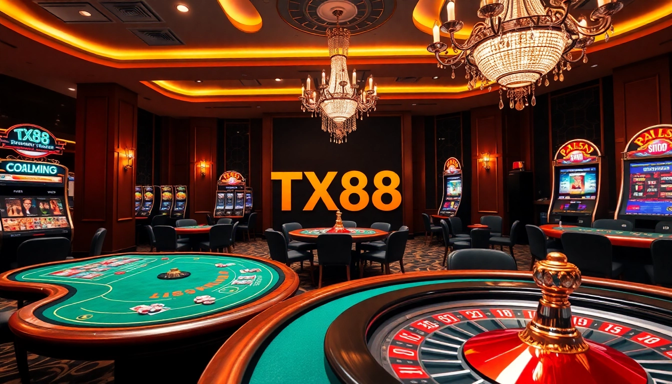 TX88 betting interface with poker tables and vibrant slot machines in a luxurious casino setting