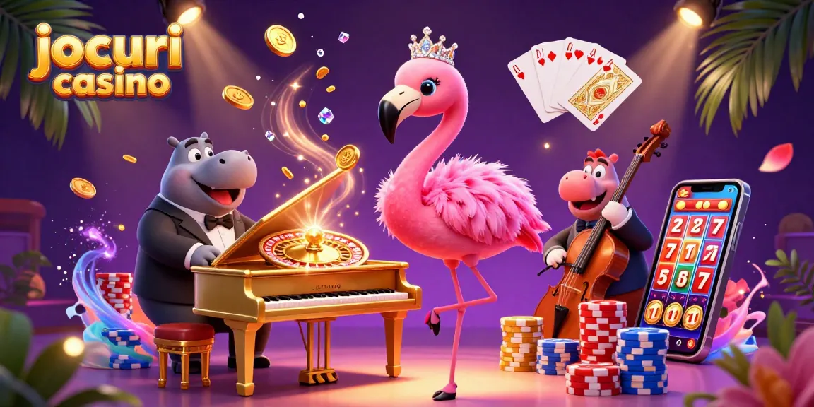 Joacă jocuri casino captivante cu un flamingo cântăreț și un hipopotam la o petrecere plină de energie.
