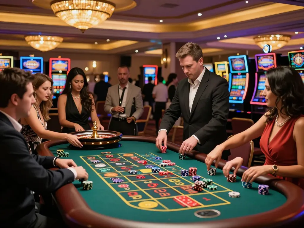 Exciting roulette gameplay at MM88 casino, players engaging with vibrant atmosphere and elegant decor