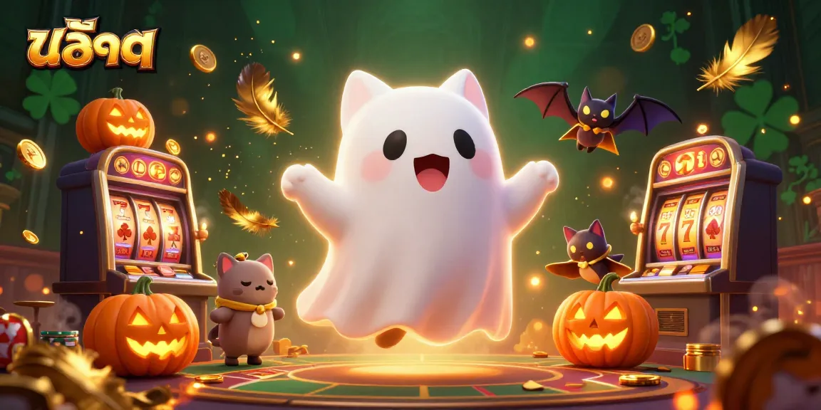 Engaging scene of the ghost cat with สล็อต symbols in a vibrant haunted casino atmosphere.