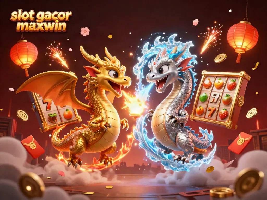 Putaran slot gacor maxwin dalam atmosfer magis dengan naga terbang dan simbol keberuntungan.
