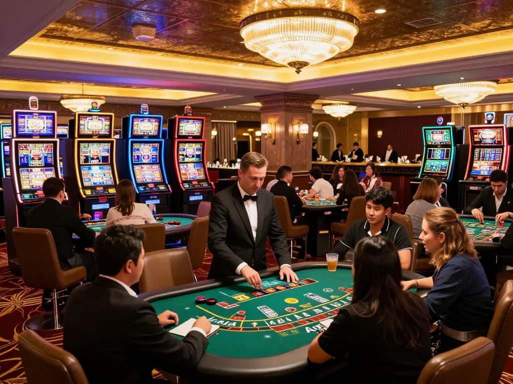 Engaged players enjoying thrilling gameplay at Vin88 casino with colorful slot machines and blackjack tables.