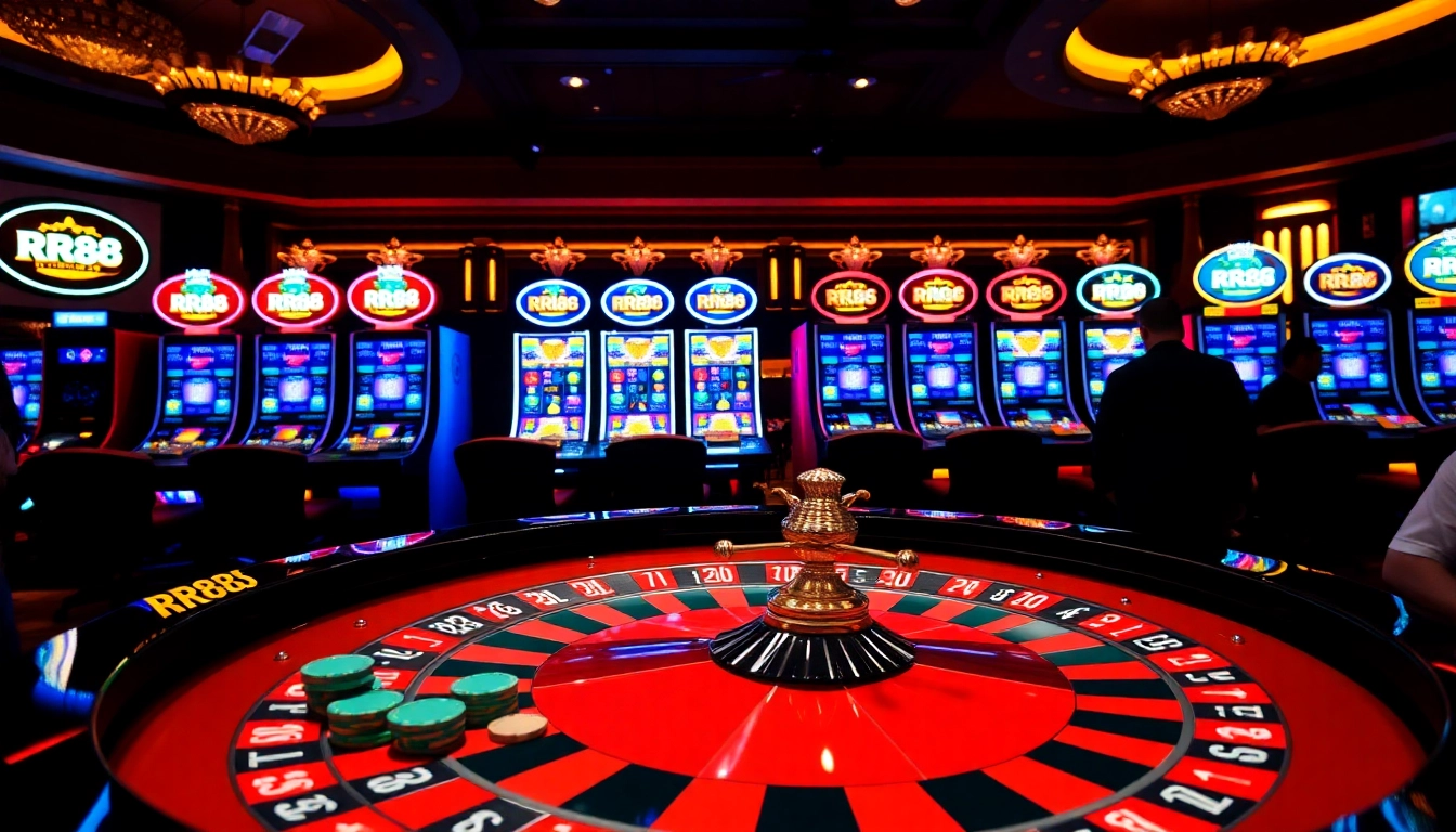 Experience the thrill of RR88 with vibrant poker chips and a dazzling roulette table in a luxurious casino.