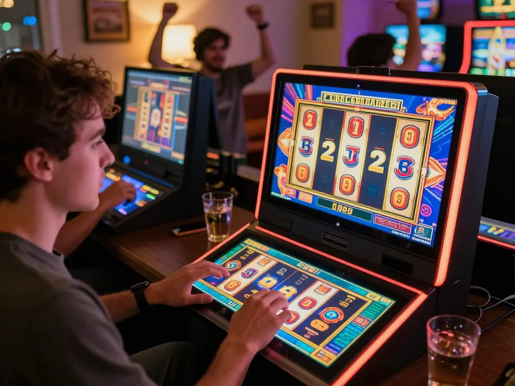 Engaging with situs slot gacor on a tablet in a vibrant online gaming setting