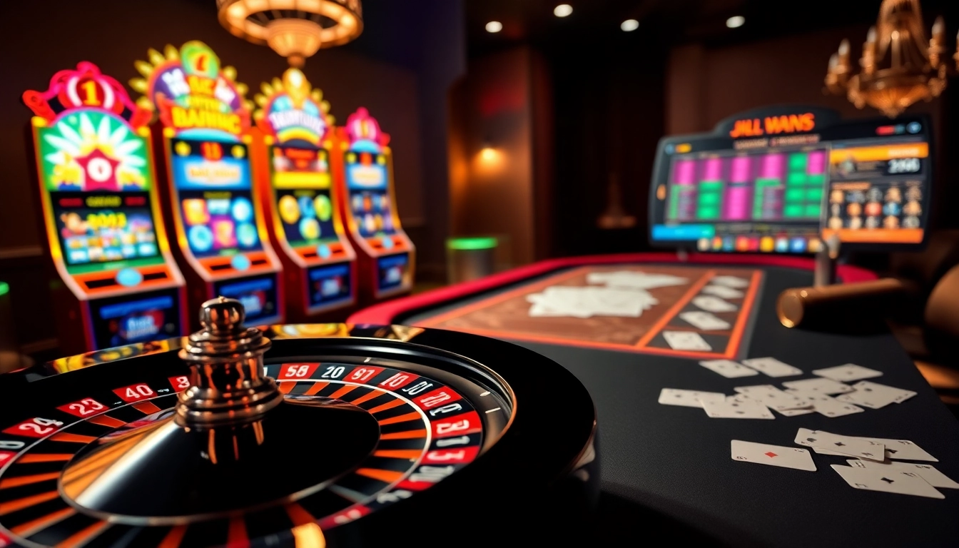 JILI gaming scene featuring vibrant slots, poker action, and casino chips.