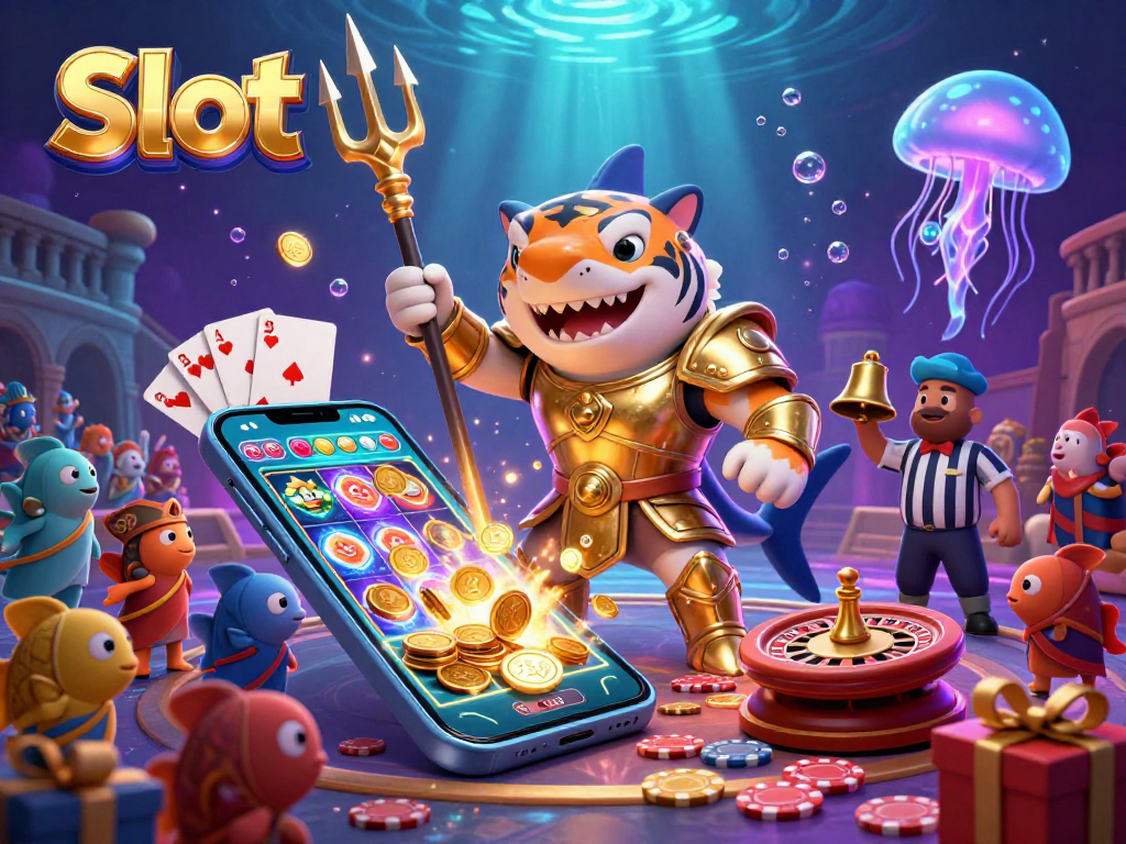 Engage with thrilling Slot action in an underwater colosseum featuring a tiger shark and vibrant game elements.