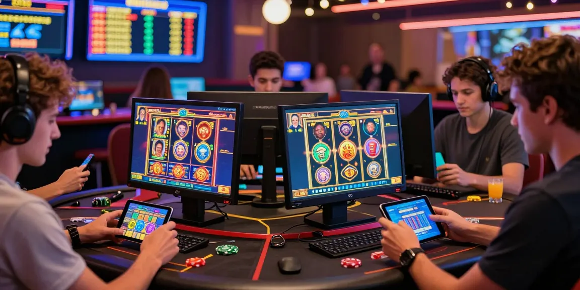 Players enjoying new UK casino sites on various devices in a vibrant online gaming environment