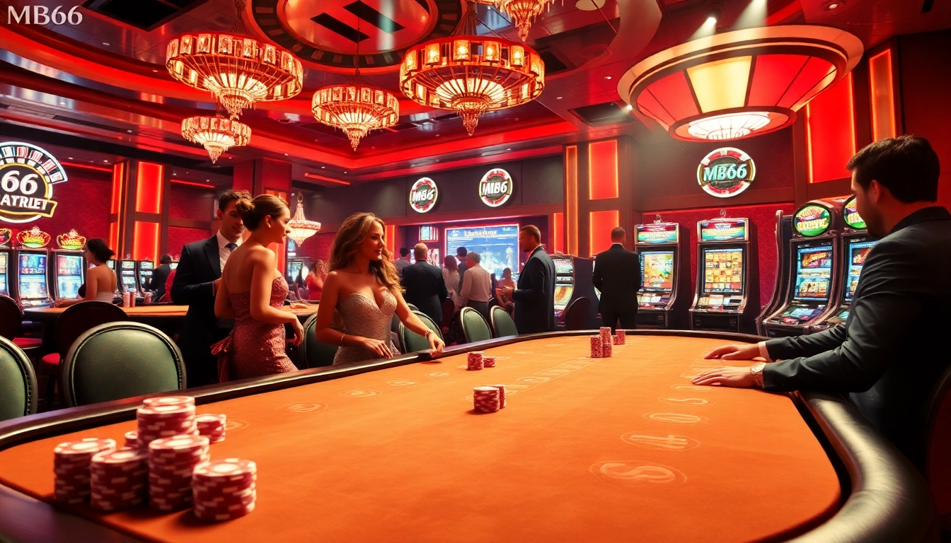 Players enjoying poker at MB66 casino with vibrant decor and thrilling atmosphere.