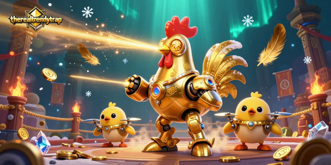 Menangkan permainan slot online seru di therealtrendytrap dengan karakter robot ayam keemasan yang menembakkan laser, dikelilingi uang dan efek api.