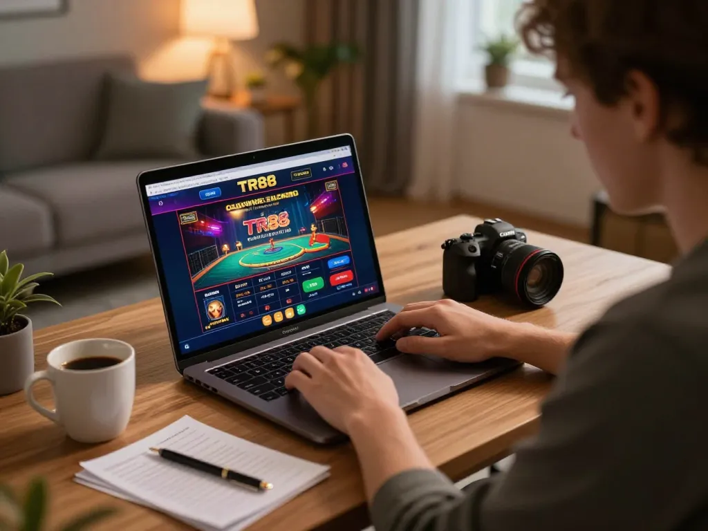 Player engaging with the TR88 platform for online gameplay, showcasing strategic betting decisions in a cozy home setup.