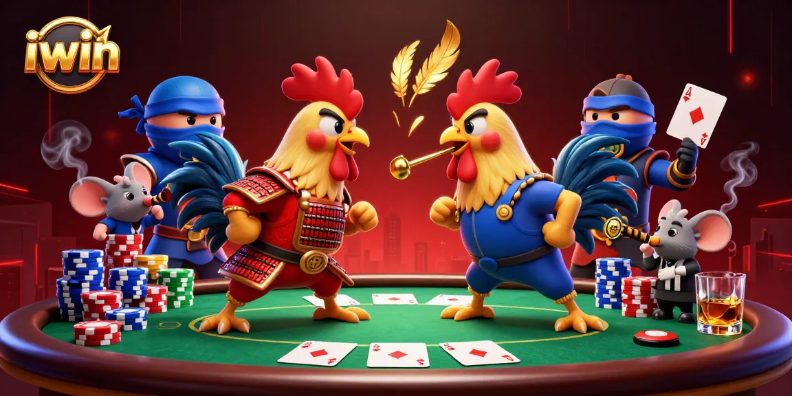 Engage in thrilling gameplay at iwin with colorful roosters and poker elements in action.