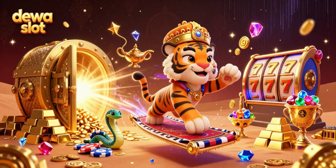 Menghasilkan kemenangan besar di dewa slot dengan karpet terbang yang dipenuhi chip poker, harta karun berkilau, dan efek cahaya yang menakjubkan.
