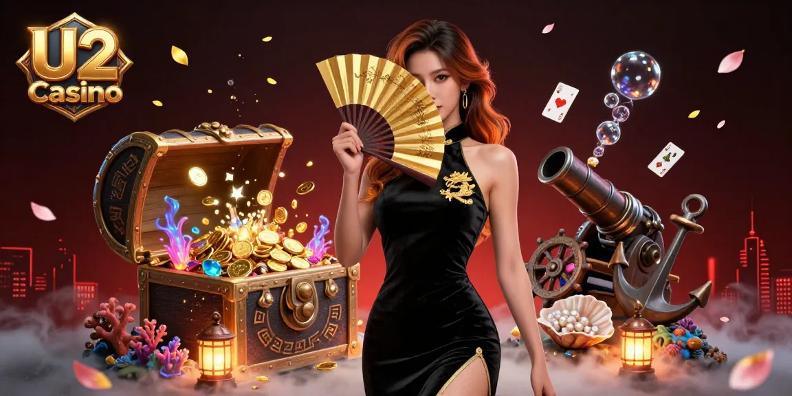 Experience U2 Casino excitement with an elegant Asian woman amidst vibrant game elements and treasures.