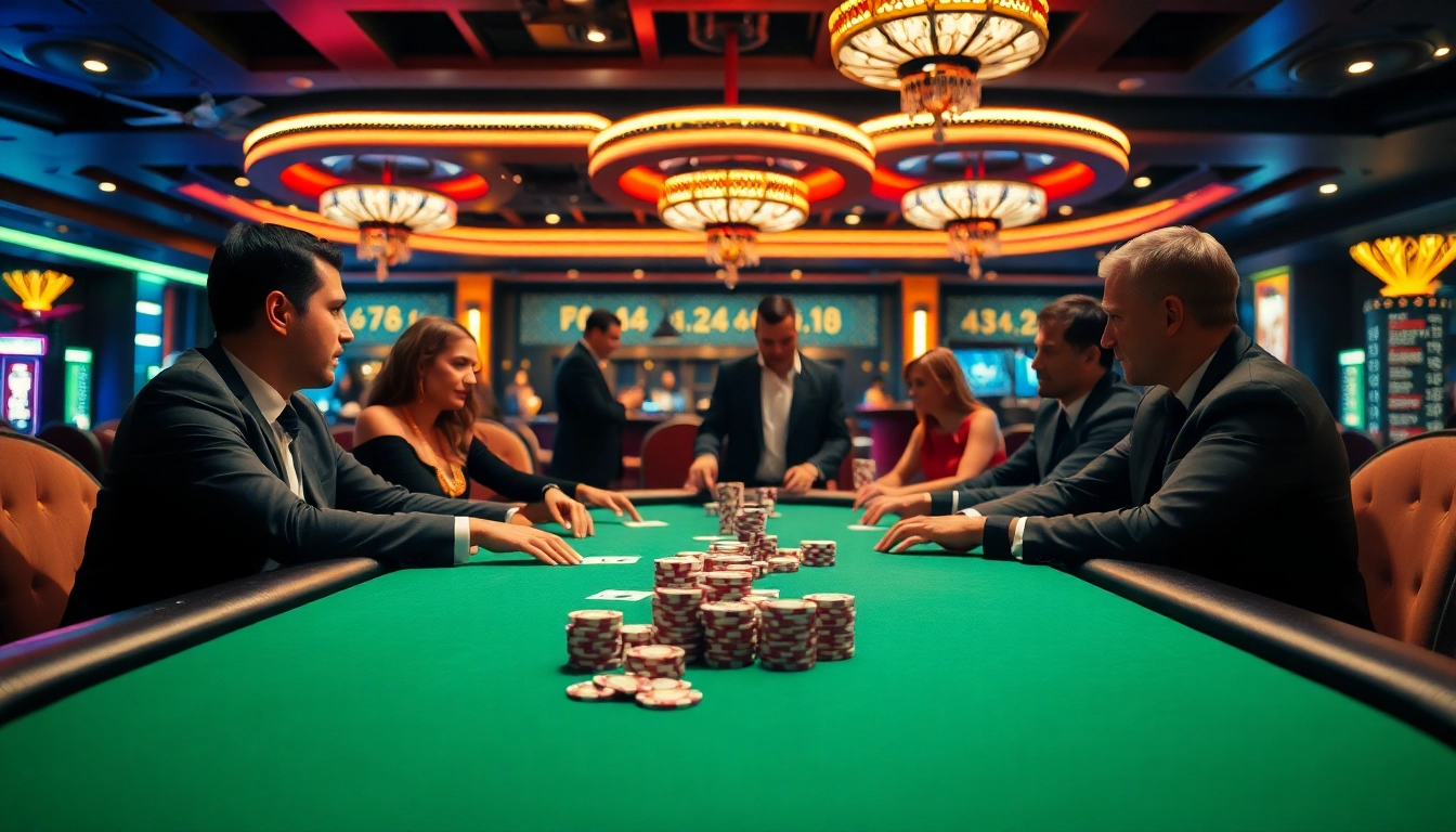 Experience thrill of casino online with lively poker game at luxurious table in vibrant setting.