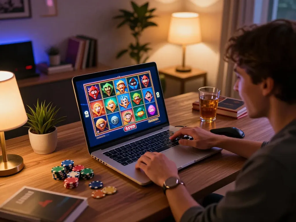 Person engaging in online slots on their laptop with tr88 featuring exciting gameplay and warm home atmosphere