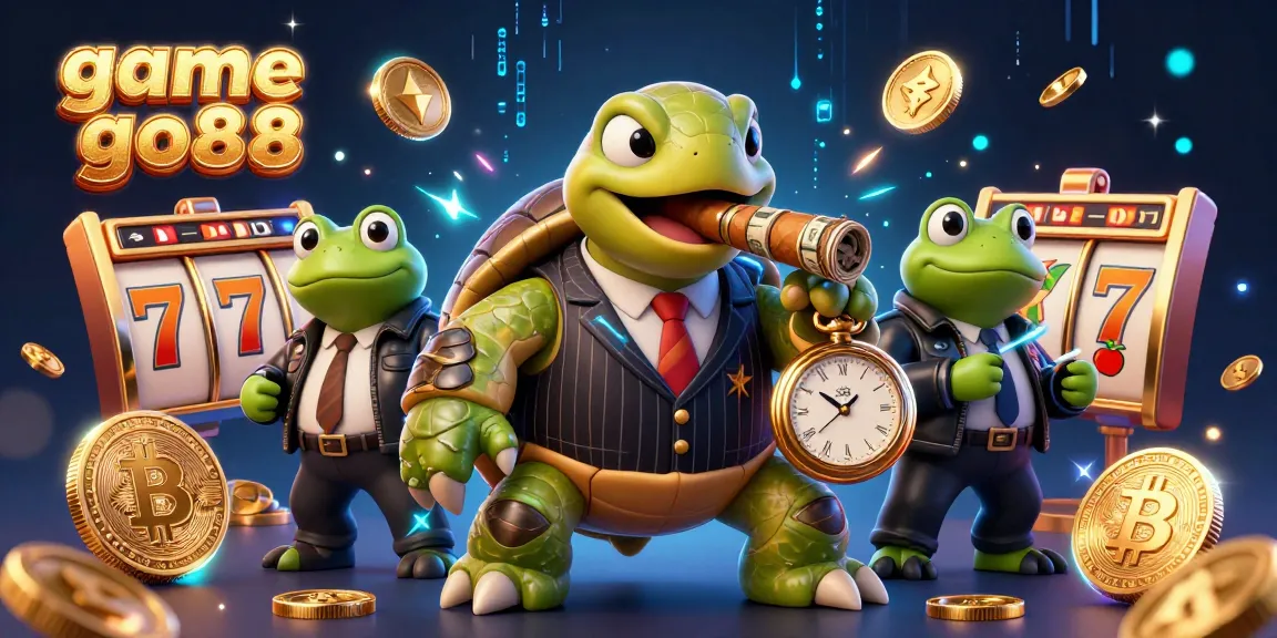 Engage with game go88 in a vibrant scene featuring a snapping turtle and bullfrog enforcers amidst slot reels.
