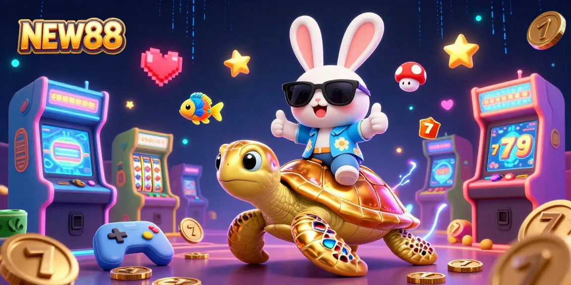WIN with NEW88 as the lucky rabbit rides a golden sea turtle amid colorful casino elements.