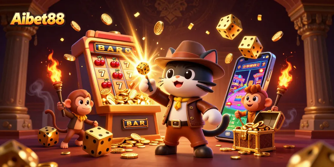 Aibet88 illuminates the excitement of winning with 3D characters exploring a jackpot-filled casino.