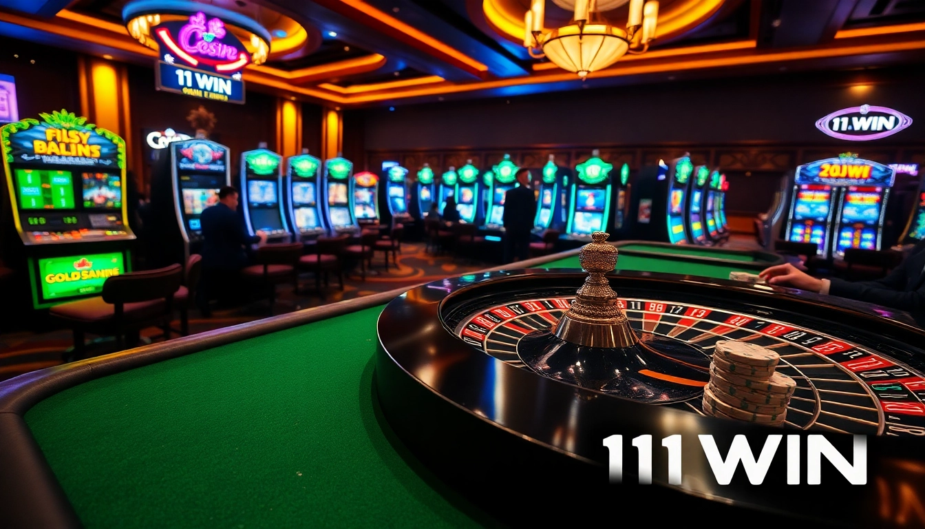 Players enjoy thrilling games at the upscale casino with 11WIN branding visible on the tables.