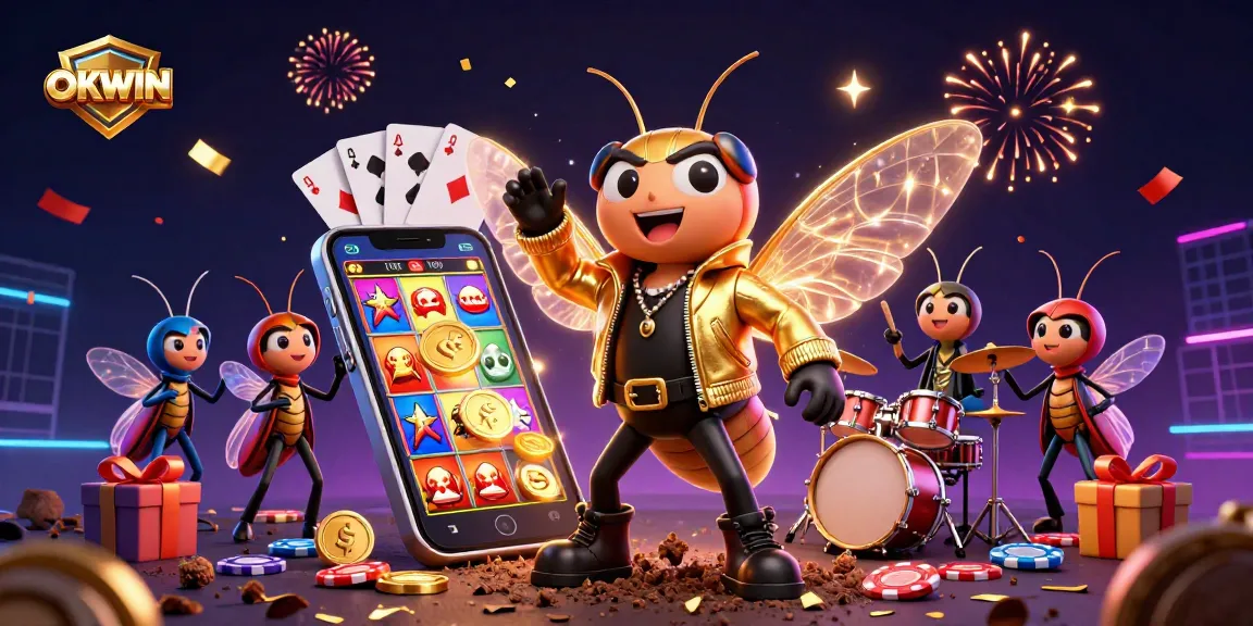 Engage with OKWIN’s vibrant casino experience featuring a cartoon cicada rock star bringing excitement.