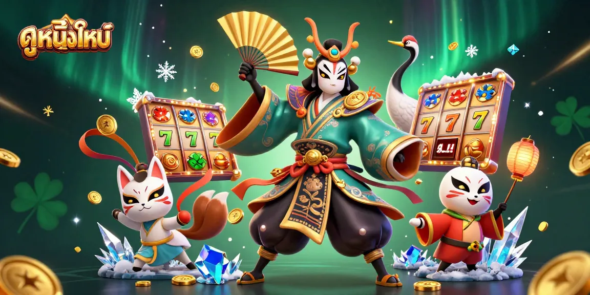 Exciting illustration of ดูหนังใหม่ showcasing kabuki warrior crane and kitsune mask in a vibrant casino setting.