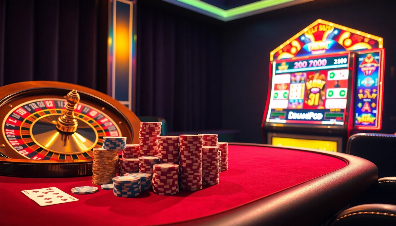 Experience the thrill of dinamit4d as vibrant poker chips and cards fill a luxurious casino scene, showcasing online gambling excitement.