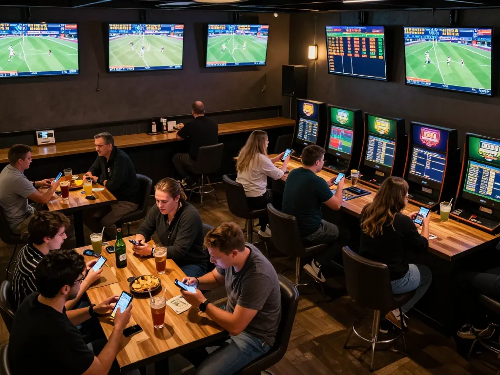 Sports enthusiasts actively placing bets on soi keo nha cai in a vibrant sports bar atmosphere.
