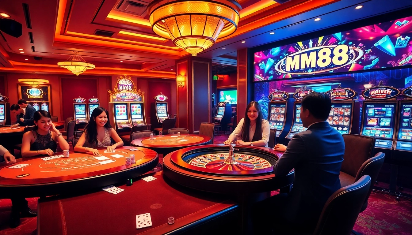 MM88 players enjoying high-stakes gaming at a luxurious casino table with vibrant slot machines.