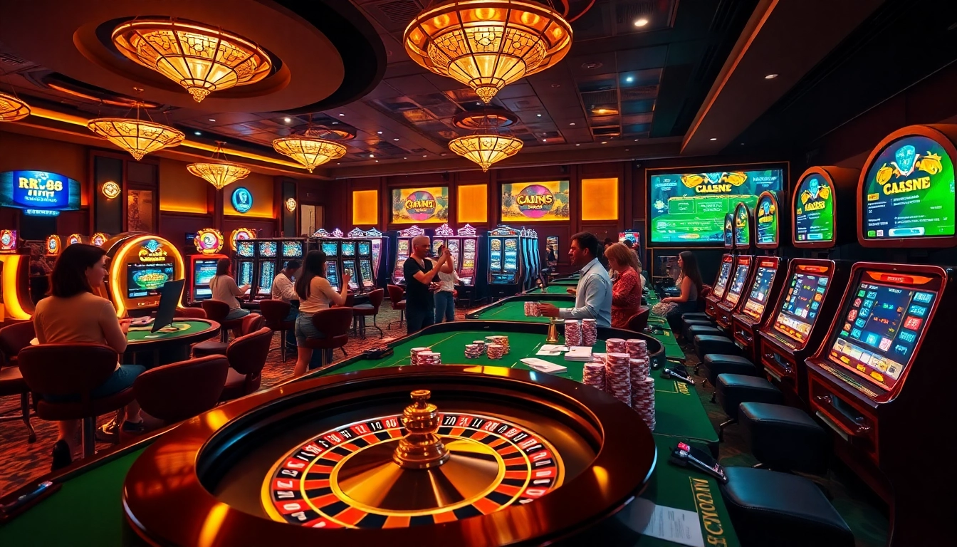 Engaging gamblers at a luxurious RR 88 online casino with roulette and slot machines.