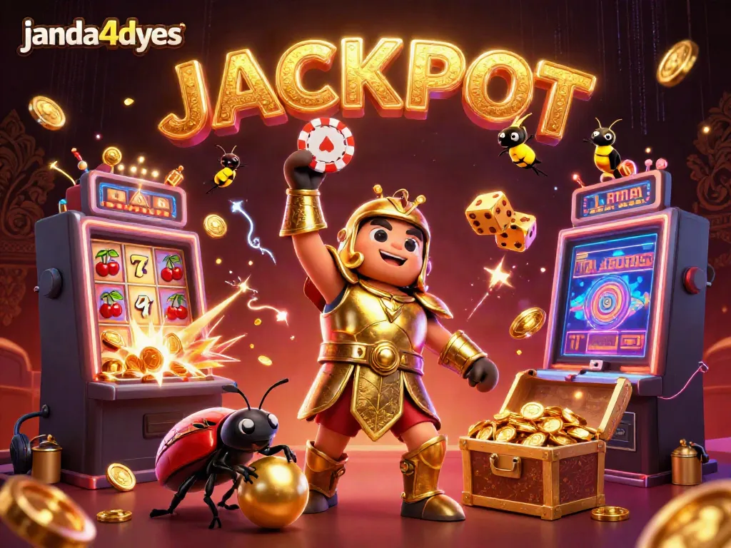 janda4dyes menghadirkan ilustrasi slot jackpot berkilauan dengan karakter serangga dalam suasana kasino yang penuh warna