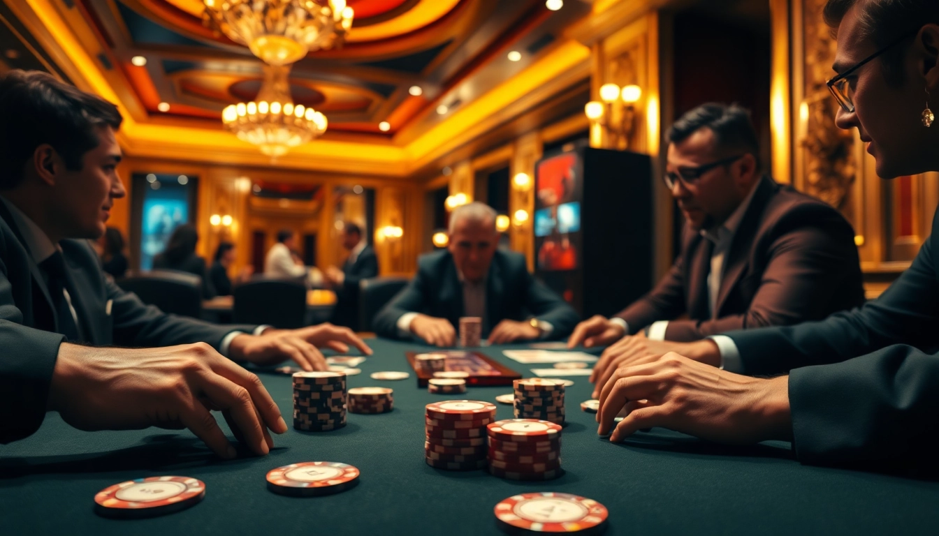Intense poker game setup with players and cards, showcasing excitement and competition.
