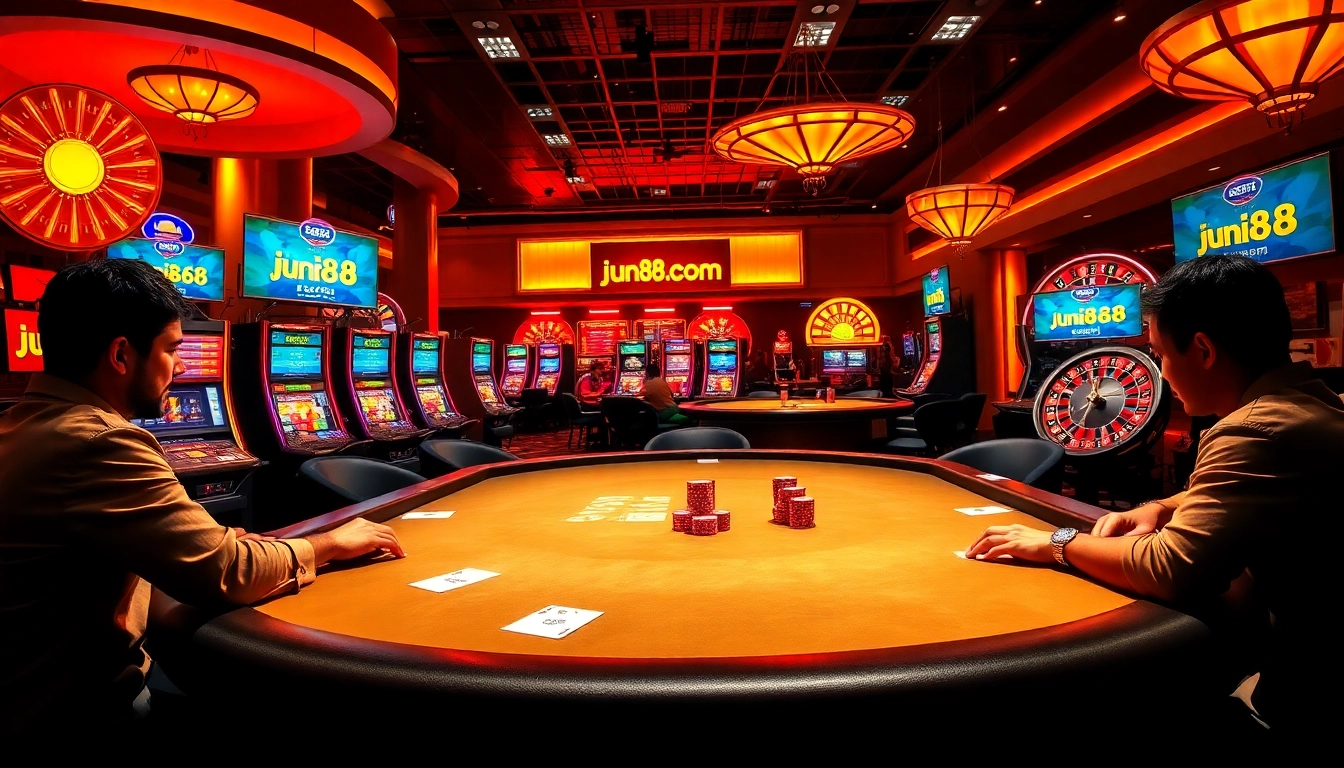 Experience thrilling gameplay at jun88.com with vibrant casino tables, poker chips, and roulette wheels.