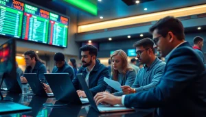 Engaging online Betting scene showcasing enthusiastic players and live odds analysis.