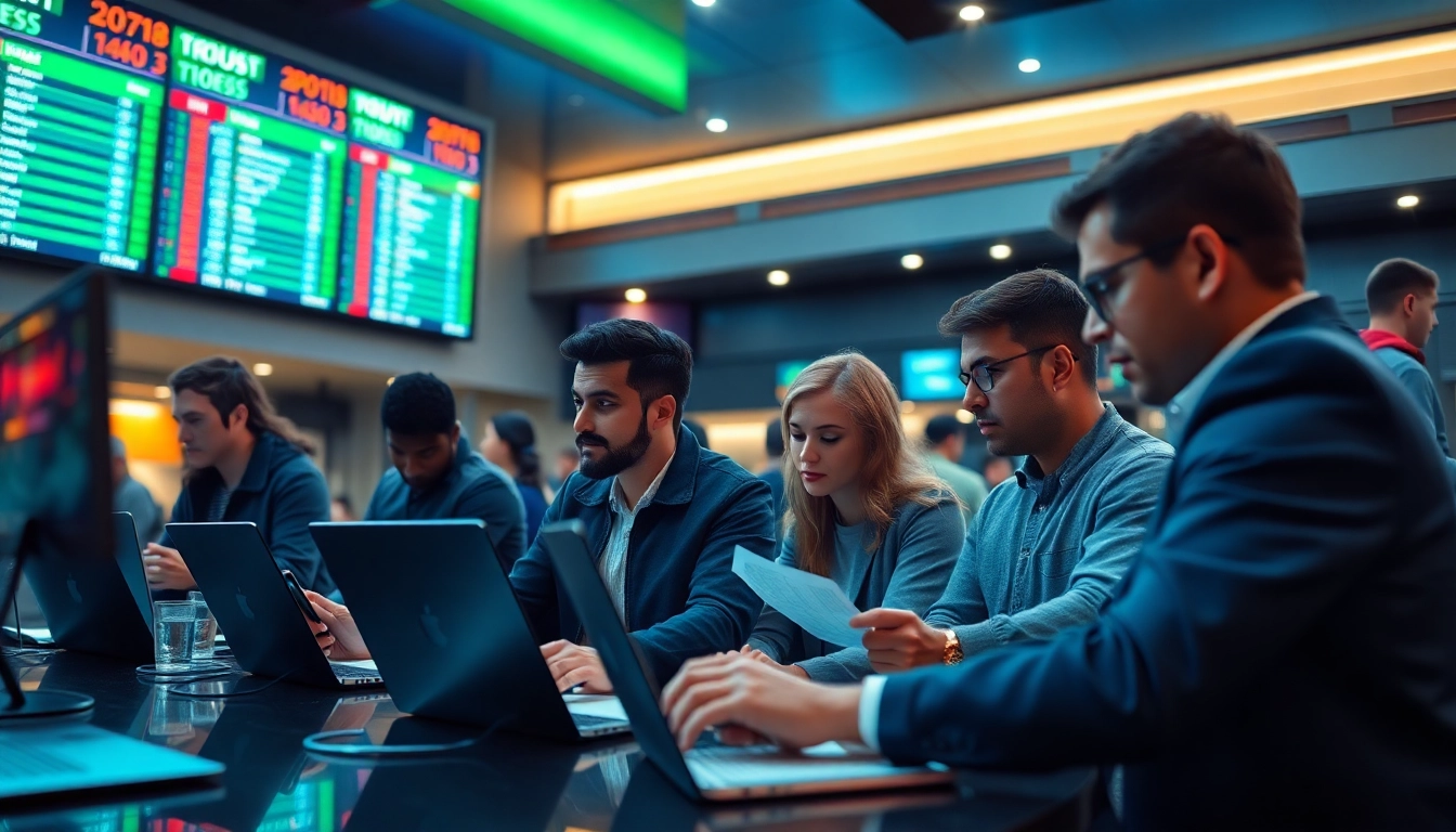 Engaging online Betting scene showcasing enthusiastic players and live odds analysis.