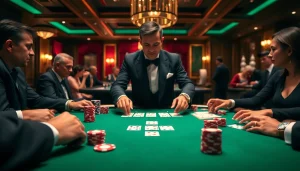 Engaged players at a Blackjack Casino table with cards and chips in action.