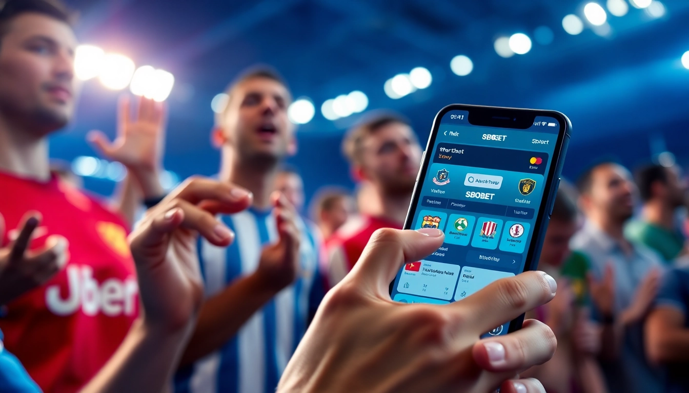 Menampilkan pengguna yang bersemangat menggunakan SBOBET saat bertaruh pada pertandingan olahraga.