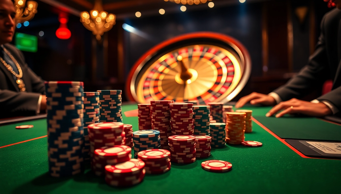 Exciting high-stakes poker scene at casino, featuring vibrant chips and cards with OK8386 ambiance.