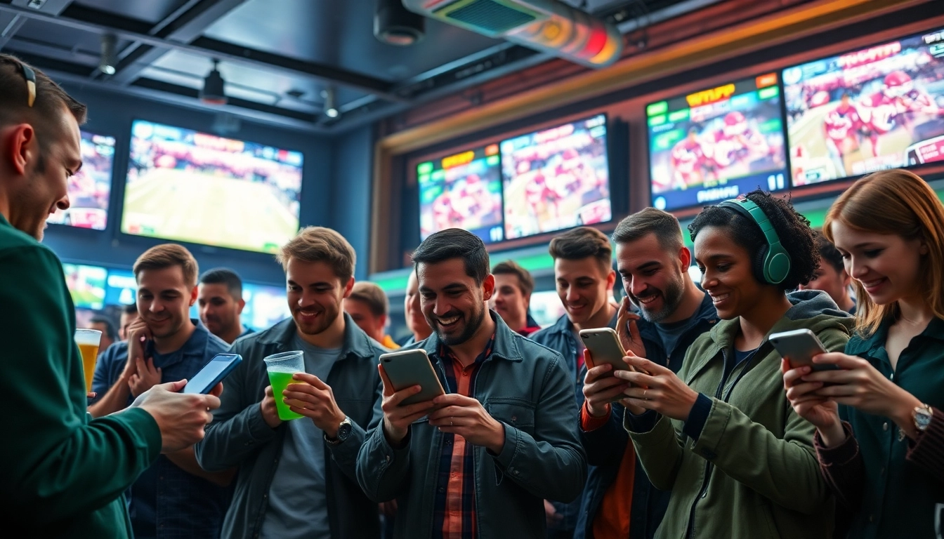Engaging sports betting scene with fans cheering and placing bets on devices.