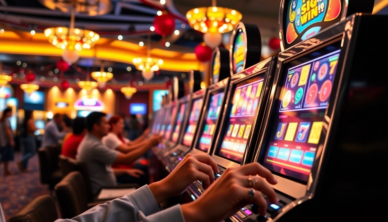 Slot Game dengan mesin slot klasik berwarna-warni dan suasana kasino yang meriah.