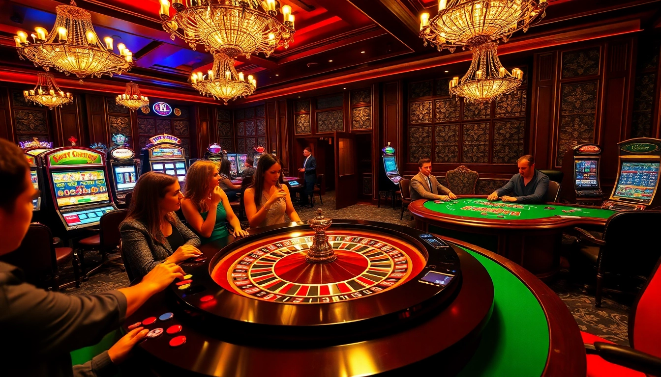 Experience excitement at https://kingarthurcafe.com/menu as players engage at a luxury casino roulette table.