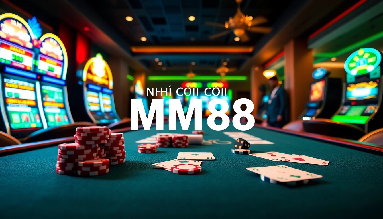 Action-packed online gambling scene at NHÀ CÁI MM88 showcasing poker and slot machines.