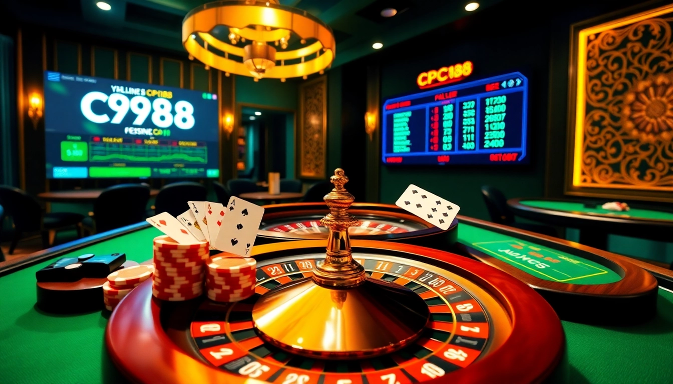 CPC188 online casino scene featuring vibrant poker chips, roulette, and live betting action.
