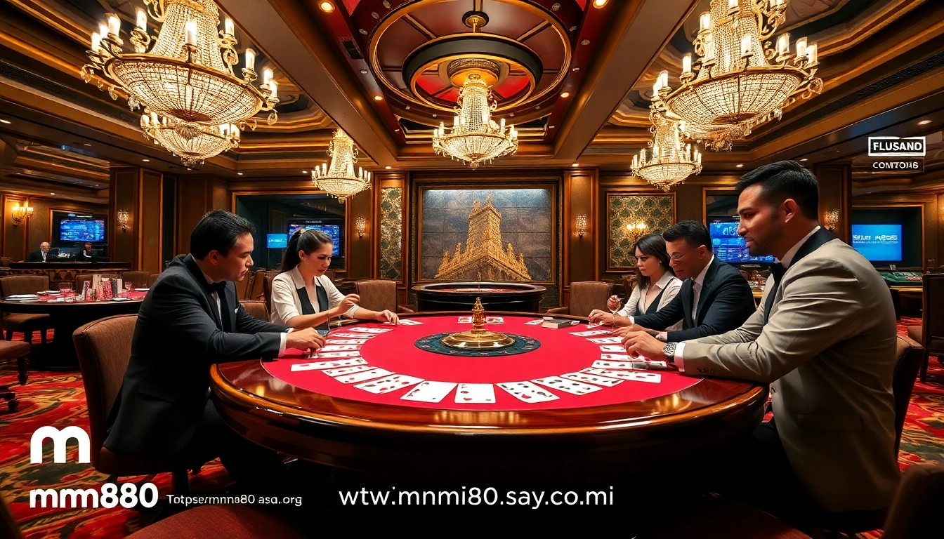 High-stakes poker game in a luxury casino environment featuring https://mm88.sa.com/ with colorful chips and cards.