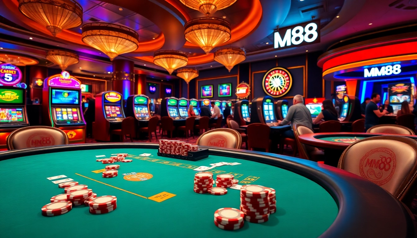 MM88 players winning at a vibrant casino table with poker chips and cards