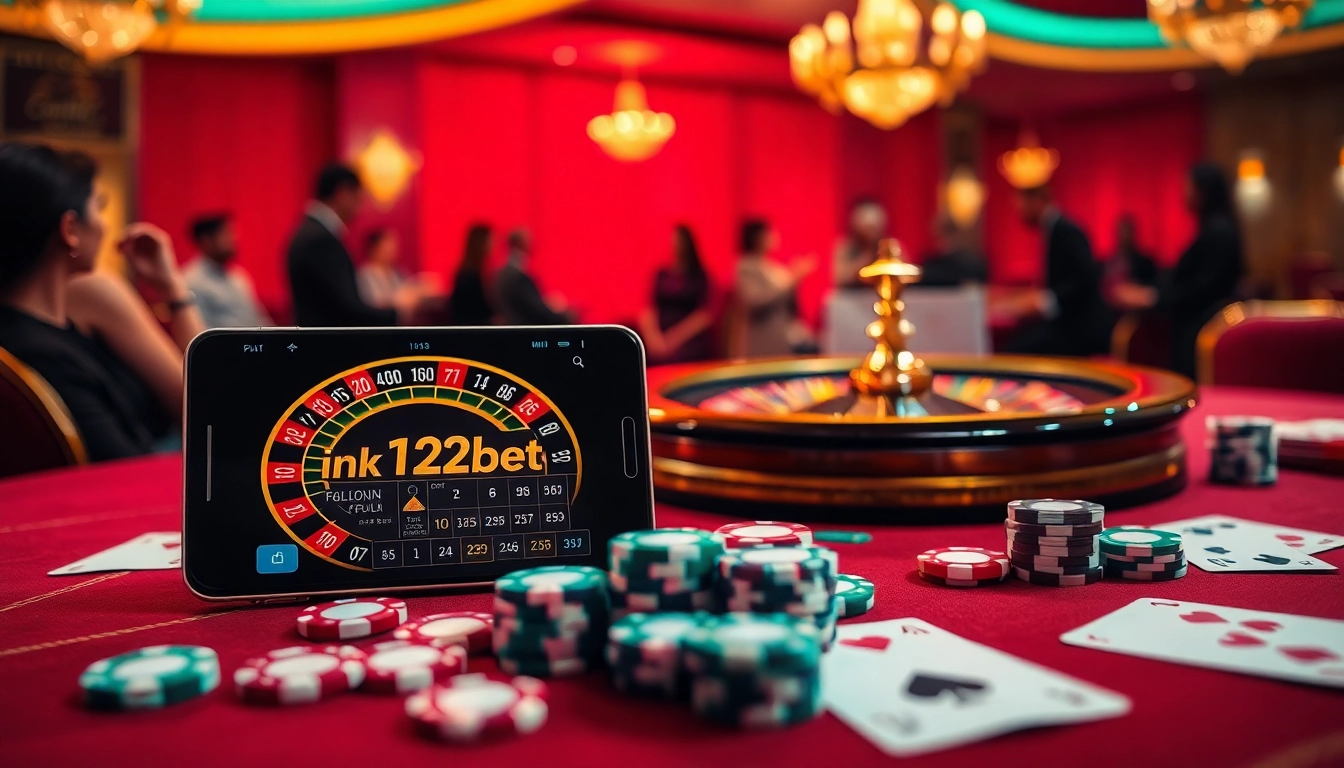 Experience the thrill of online gambling with ink vao 12bet displayed alongside vibrant poker chips and a roulette wheel.